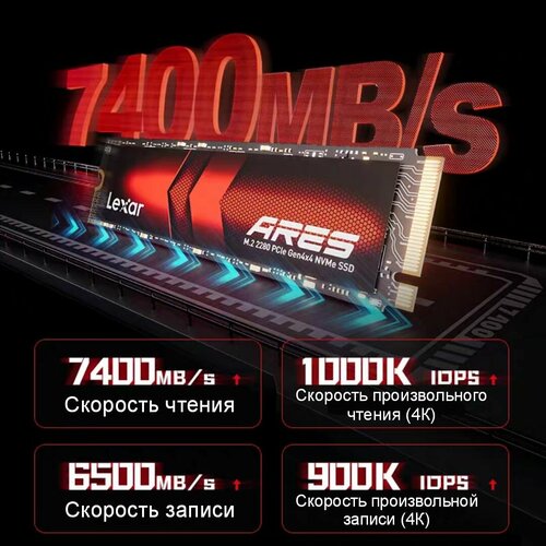 SSD диск Lexar Ares М2 2280 PCIe Gen 4x4 NVMe 2 Тб скорость чтения до 7400 МБс запись до 6500 МБс 1579000₽