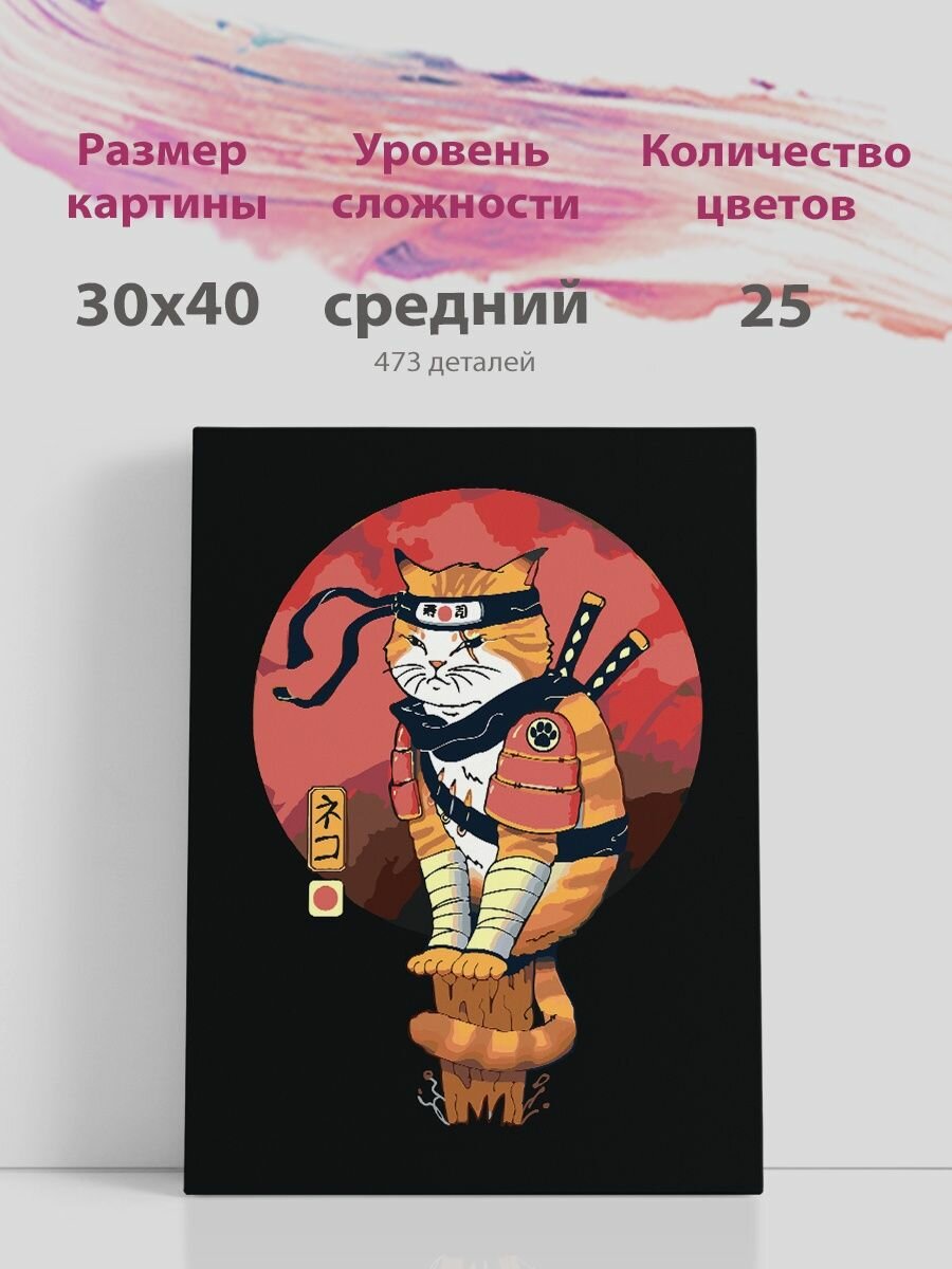 Картина по номерам на холсте с подрамником, "Кот самурай, рыжий кот", 30х40 см