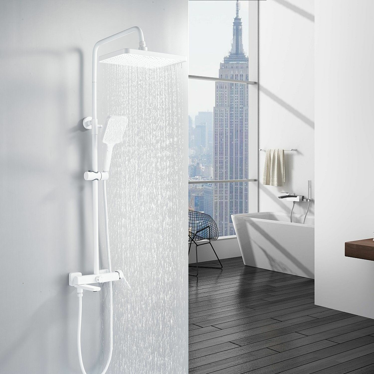 Душевая система Shevanik S9936C, латунь, белый, вертикальный монтаж, режимы тропический дождь и массажная струя — фото 1