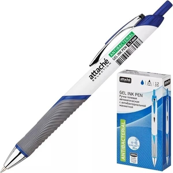 Ручка гелевая Attache Selection антибактериальная, металлический клип, 0,7 мм, синий