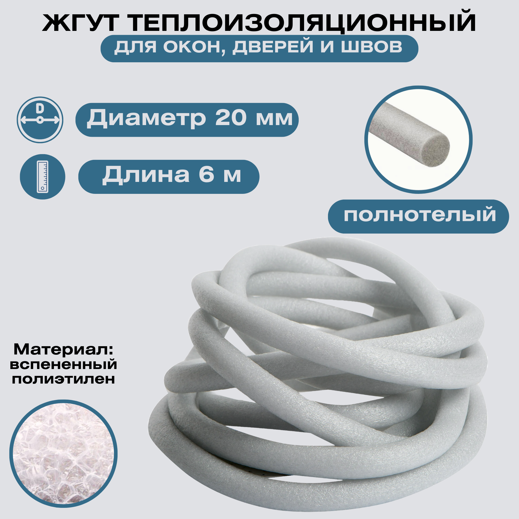 Жгут теплоизоляционный 20мм x 6м заполняет швы в процессе монтажа окон и дверей перекрывая мостики холода. Применяется при заделке щелей между бревен