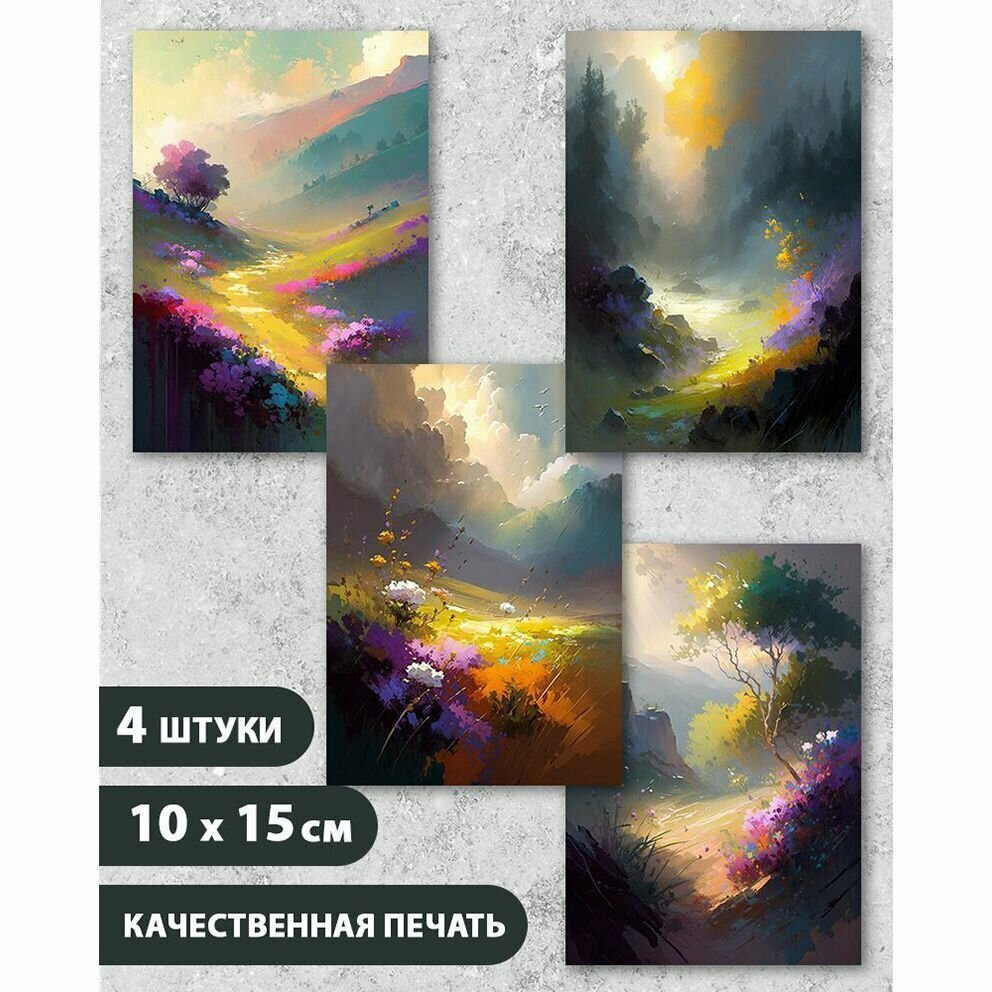 Набор открыток "Яркий летний пейзаж 2", 10.5 см х 15 см, 4 шт, InspirationTime, на подарок и в коллекцию