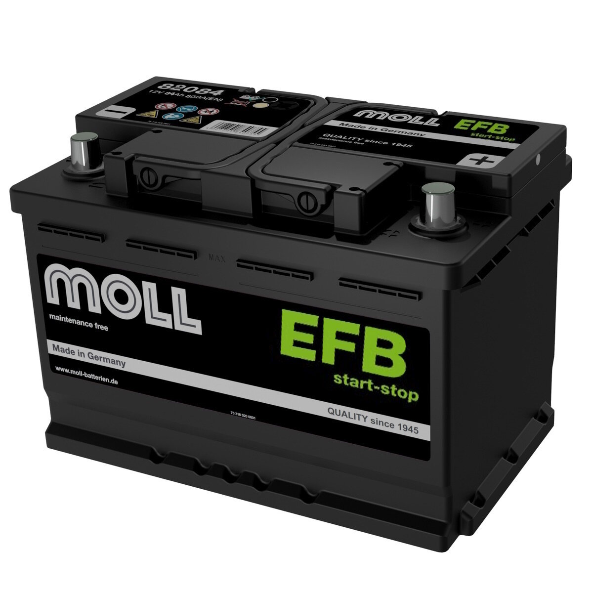 Автомобильный аккумулятор MOLL EFB 84R (12В 84Ач 800А 315х175х190) обр. пол.