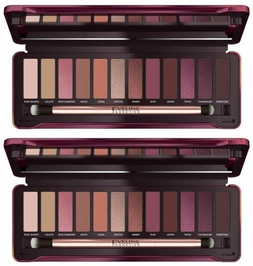 Eveline Cosmetics Палетка теней для век Ruby Glamour Eyeshadow Palette, 12 тонов, 12 г, 2 шт