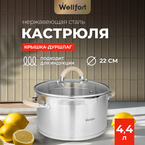 Кастрюля из нержавеющей стали с крышкой-дуршлагом Style Wellfort, объем 4,4 литра