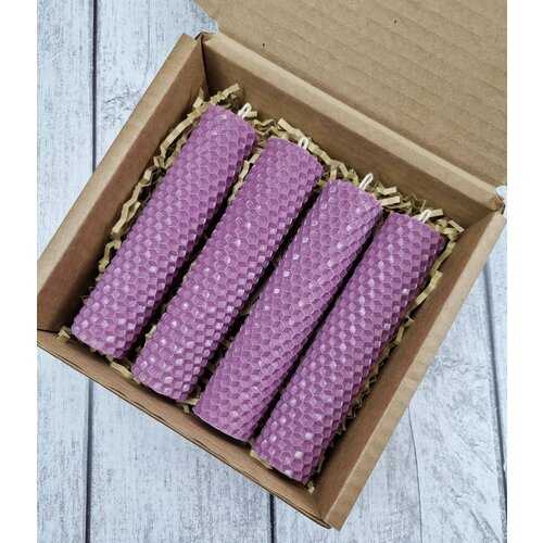 Свечи сиреневые из вощины 13*3 см, 4 штуки, набор, ручная работа