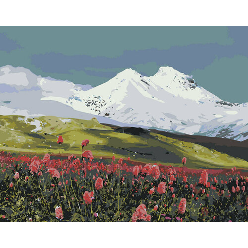 картина по номерам пейзаж зимняя деревня у горы эльбрус Картина по номерам Пейзаж гора Эльбрус в снегу и цветы