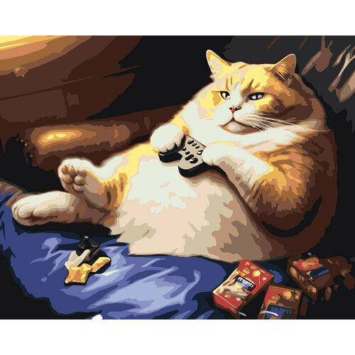 Картина по номерам Толстый кот играет в приставку на диване