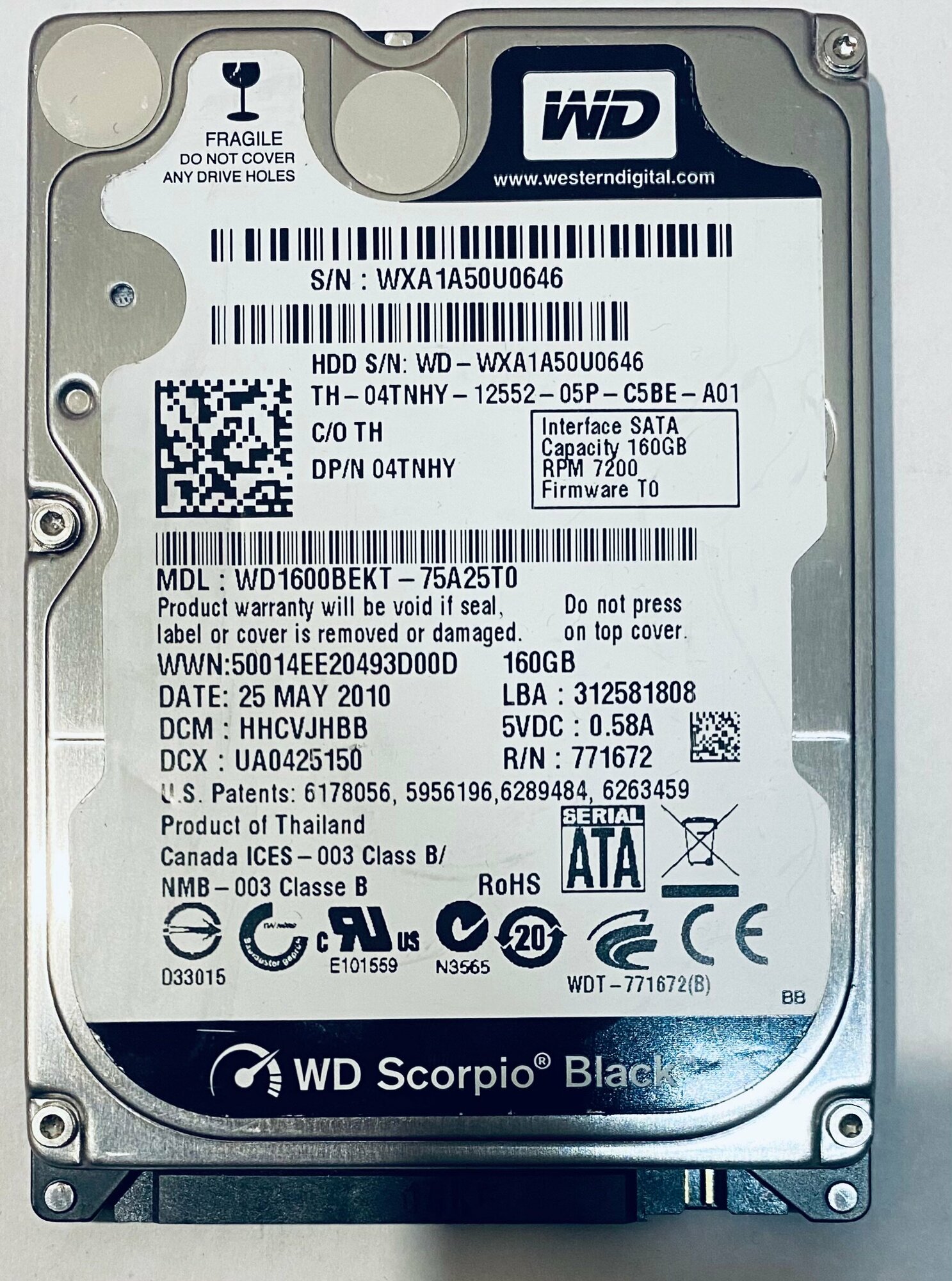 Жесткий диск 2.5"Western Digital 160GB WD1600BEKT-75A25TO