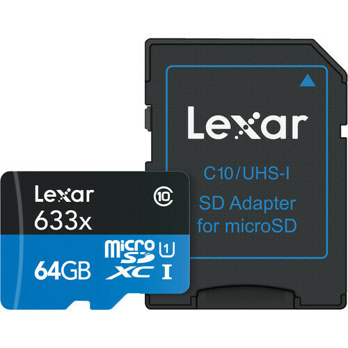 Карта памяти Lexar High-Performance 633x Blue microSDXC 64GB UHS-I U3 V30 A1, R 100 МБ/с с адаптером