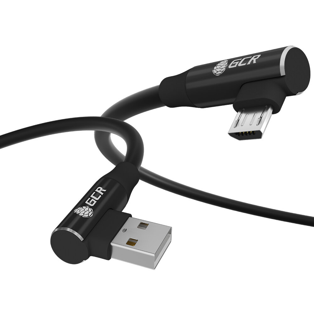 фото Кабель USB micro 30 см угловой провод микро юсб GCR PREMIUM зарядка 5А QC 3.0 черный силиконовый