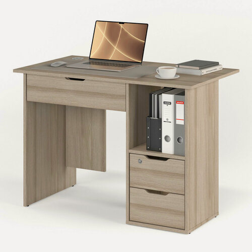 Изображение товара Письменный стол с двумя узкими и одним широким ящиком и высокой нишей для папок МагМебель №62Я тумба справа ясень шимо светлый