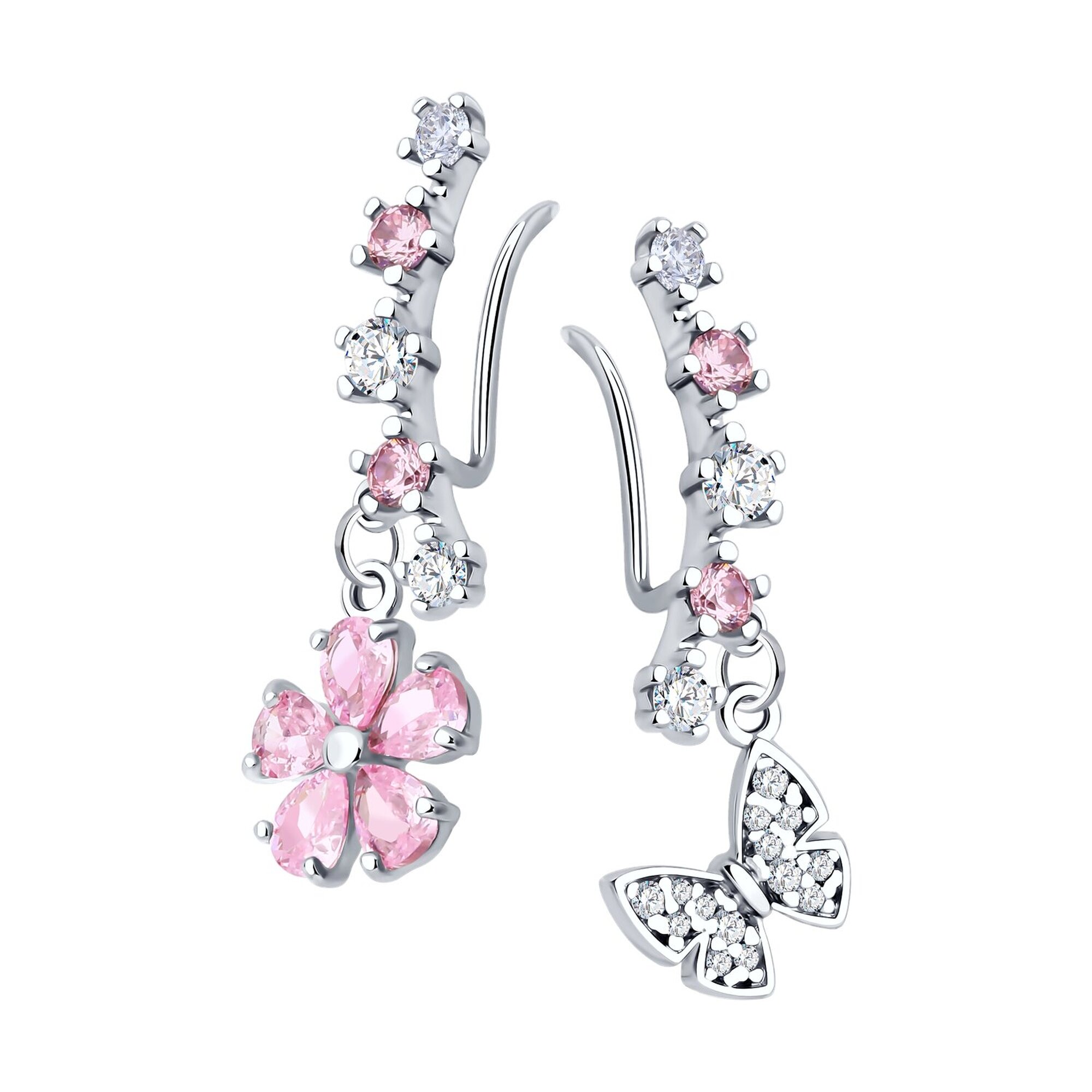 Серьги непарные, с подвесками Diamant online, серебро, 925 проба, родирование, фианит, длина 1.8 см, , розовый