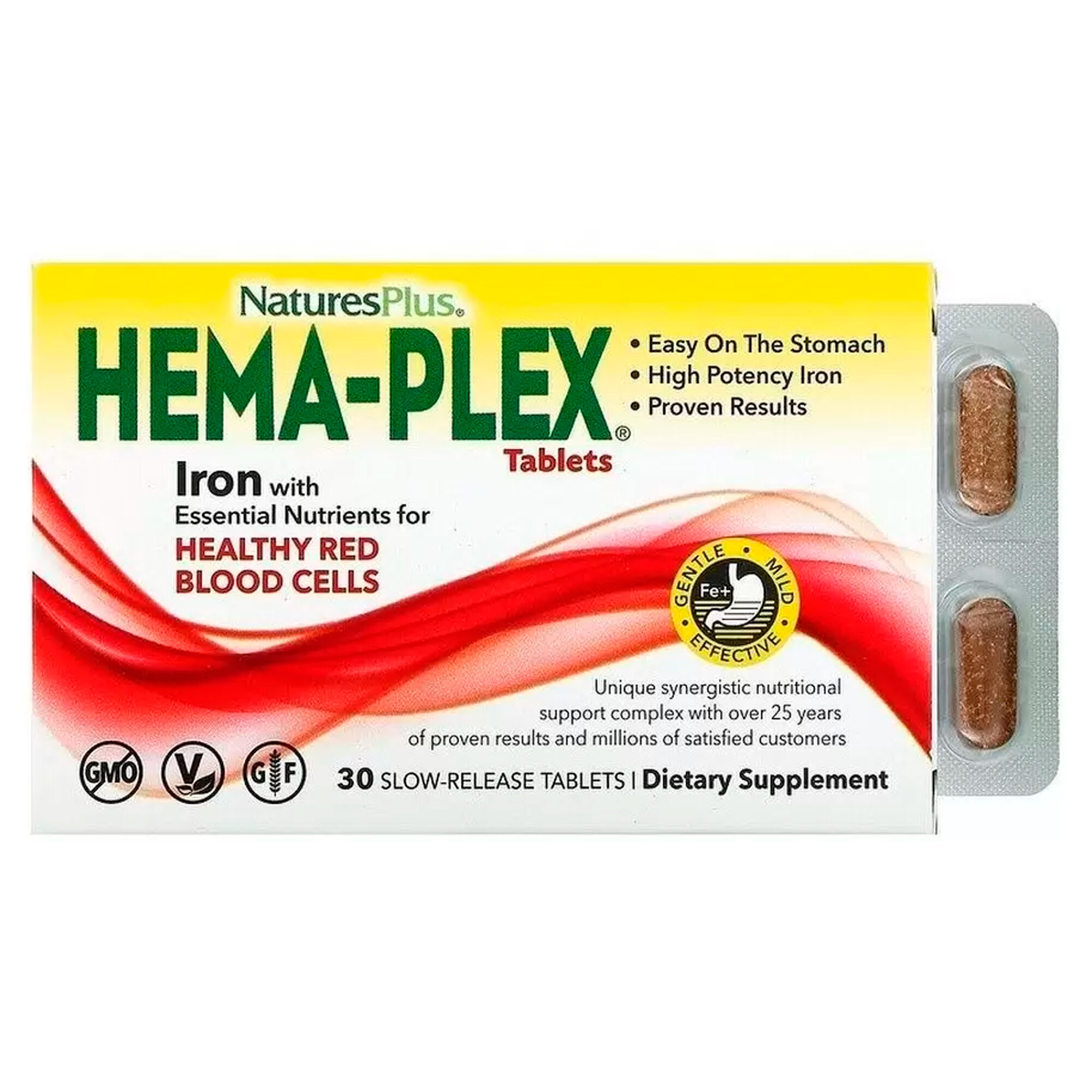 Витамины Nature's Plus Hema-Plex, для иммунитета, от анемии, 30 шт. — фото 1