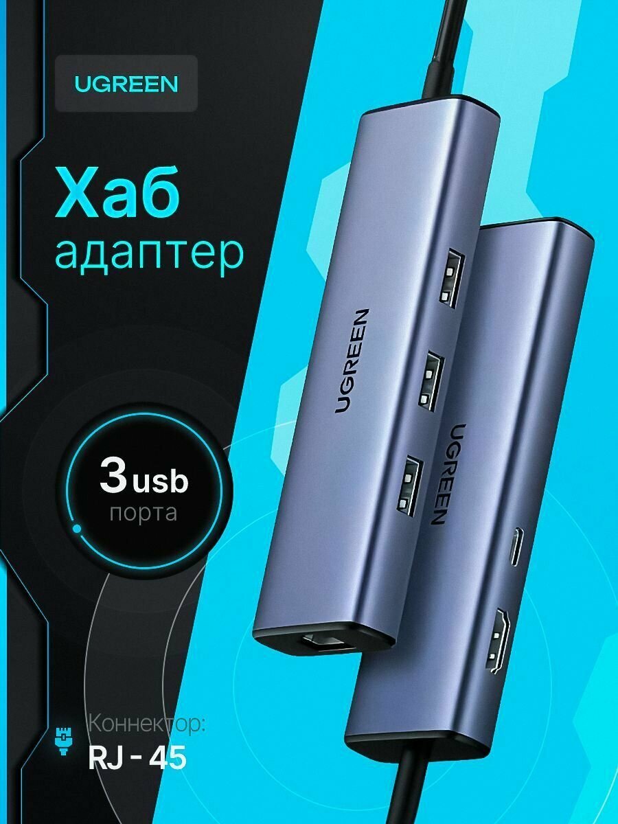 Хаб UGREEN CM512 (15598) 6 в 1, 3xUSB-A 3.0, USB-C, HDMI, LAN, серый.