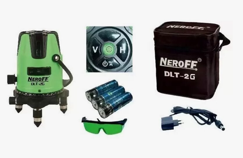 Лазерный уровень нивелир NeroFF DLT-2G 2 линии зеленый луч самовыраваниющий на батарейках и зарядке, чехол, очки в комплекте — фото 1