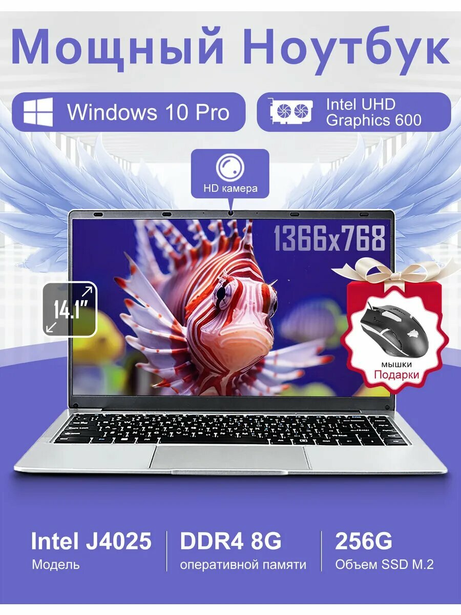 Ноутбук, 14", Intel Celeron J4025, Windows 10, SSD 256 Гб, 8 Гб