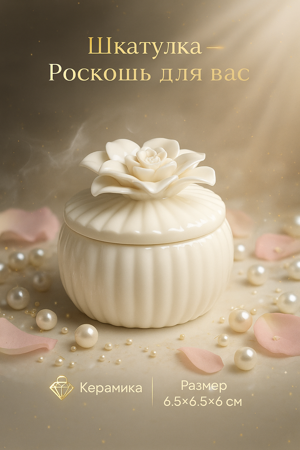 Шкатулка для украшений "Белый цветок" размер 6.5×6.5×6.5 см, из керамики