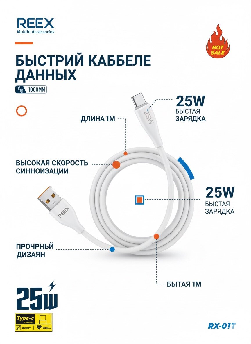 Кабель быстрой передачи данных REEX RX-01T 25 Вт Type-C (1 метр) — фото 1