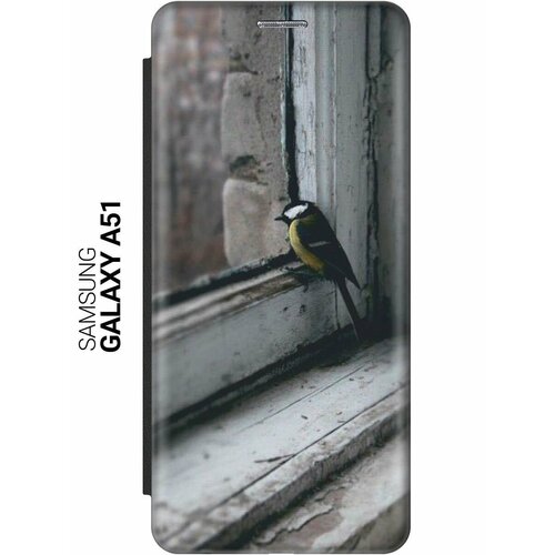 чехол книжка на samsung galaxy s8 самсунг с8 c принтом птичка на окне черный Чехол-книжка на Samsung Galaxy A51, Самсунг А51 c принтом Птичка на окне черный