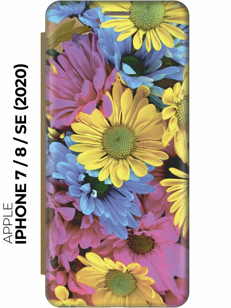 Чехол-книжка на Apple iPhone SE (2022) / SE (2020) / 8 / 7 / Эпл Айфон СЕ 2022 / СЕ 2020 / 8 / 7 с рисунком "Разноцветные ромашки" золотой