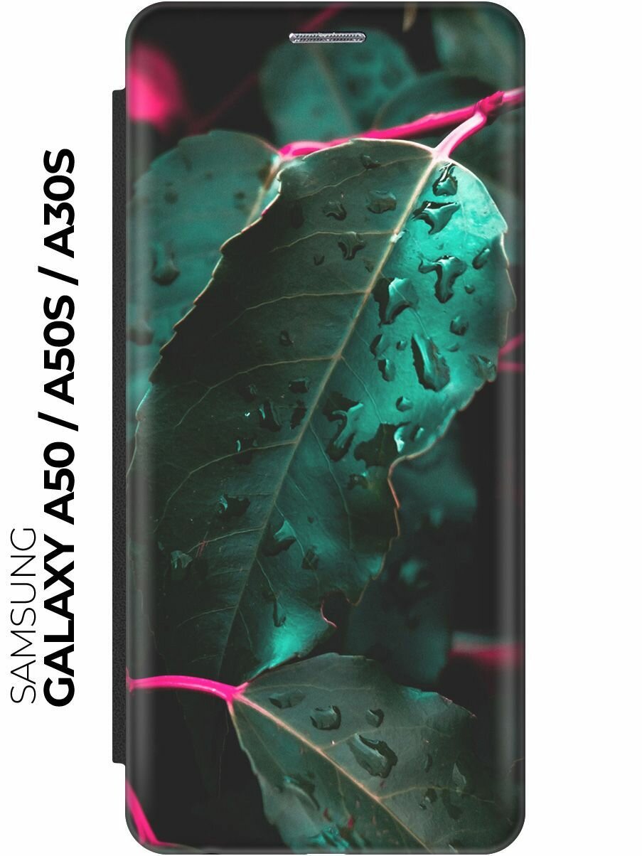 Чехол-книжка Капли на листьях на Samsung Galaxy A50 / A50s / A30s / Самсунг А50 / А30с / А50с черный