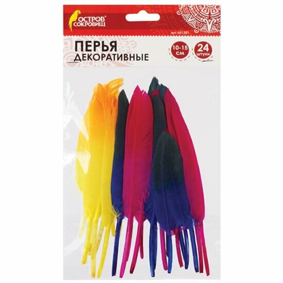 Перья декоративные Остров Сокровищ прямые, 10-15 см, 24 шт, 6 цветов, двухцветные, ассорти