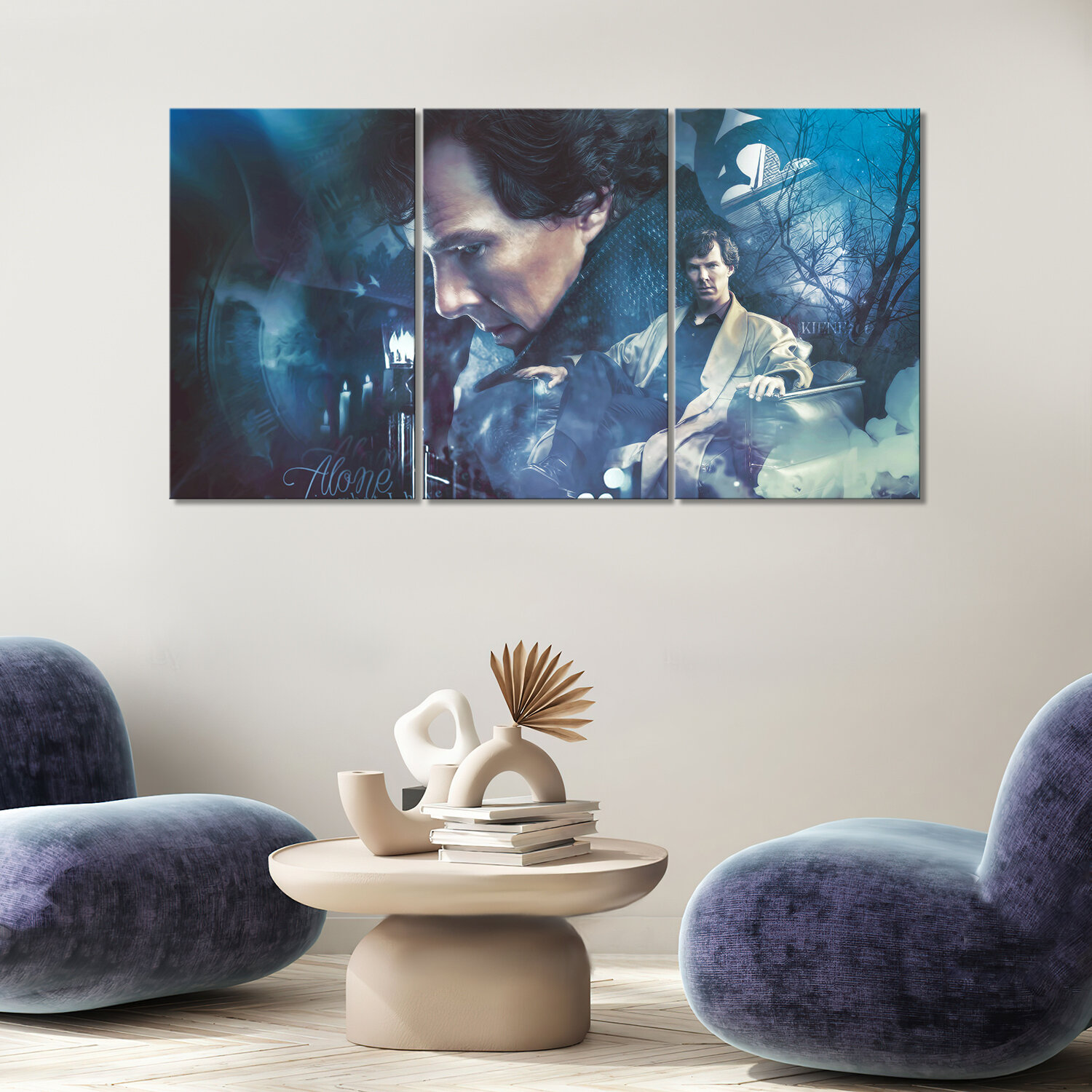 Модульная картина/Модульная картина на холсте/Модульная картина в спальню/Модульная картина в подарок - Шерлок синий коллаж 90х50