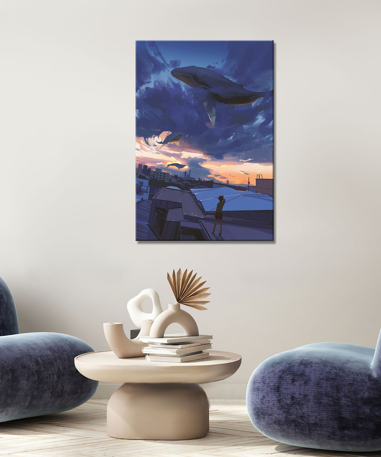 Картина - кит, тёмный кит, кит летает, кит в облаках, кит над городом (55) 20х30