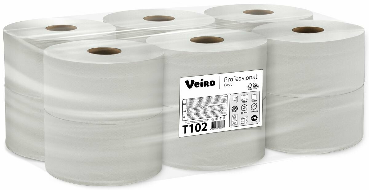 Бумага туалетная Veiro Professional Basic T102, однослойная, 12 рулонов по 200 м