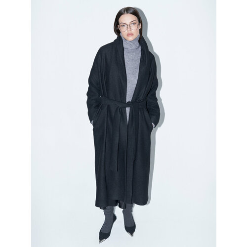 фото Пальто-халат toptop демисезонное, силуэт полуприлегающий, средней длины, размер l, черный