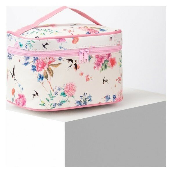 NNB Косметичка-сумочка, отдел на молнии, с зеркалом, цвет белый с розовыми вставками и принтом - фотография № 9