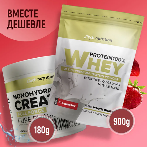 Комплекс aTech nutrition Протеин Whey Protein 100% клубника + Креатин моногидрат без вкуса 900 + 180 г порошок