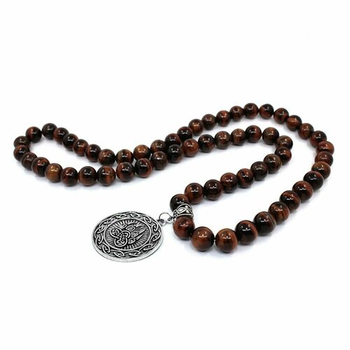 фото Бусы handinsilver ( посеребриручку ) бусы из глянцевого камня бычий глаз 10мм с медальоном (медаль с лапой медведя), бычий глаз, длина 48 см, коричневый