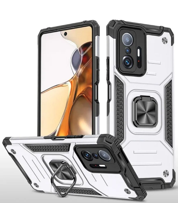 Противоударный чехол для Xiaomi 12 Pro серебро с пластиной для магнитного автодержателя и кольцом подставкой
