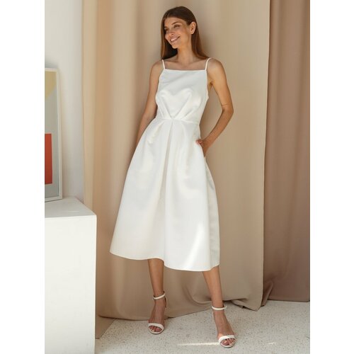 фото Платье fashion.love.story, атлас, полуприлегающее, миди, карманы, размер 50, белый