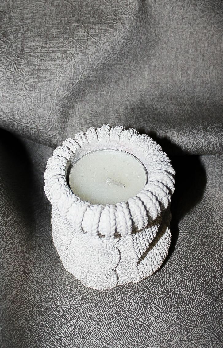 Подсвечник "Вязаный мешочек" для чайной свечи, белый - фотография № 6