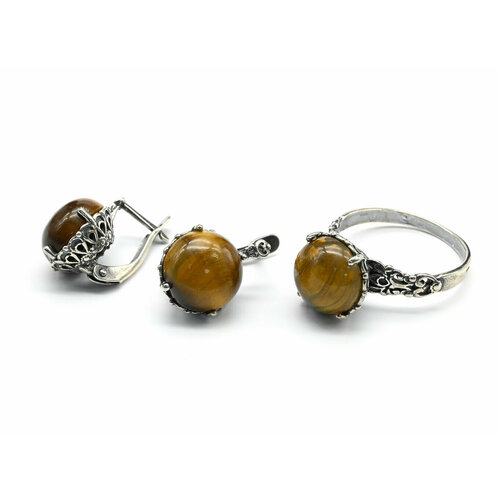 Комплект бижутерии: кольцо, серьги, тигровый глаз, размер кольца 20, желтый серьги из серебра с тигровым глазом 83020129