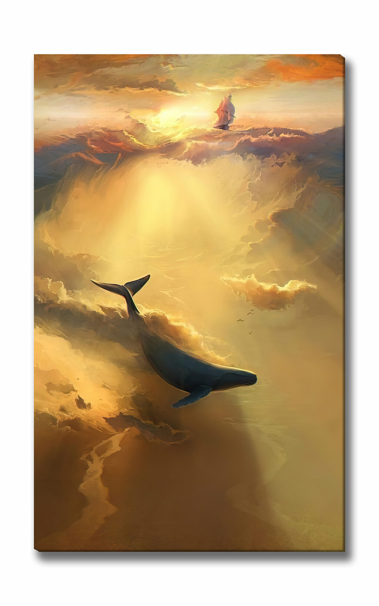 Картина для интерьера на холсте "Небесный Кит: Встреча с Облаками" 37х60, холст натянут на подрамник