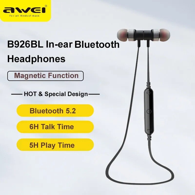 Беспроводные Bluetooth 5.2 Наушники B926BL Беспроводные магнитные спортивные наушники с микрофоном для мобильных телефонов — фото 1
