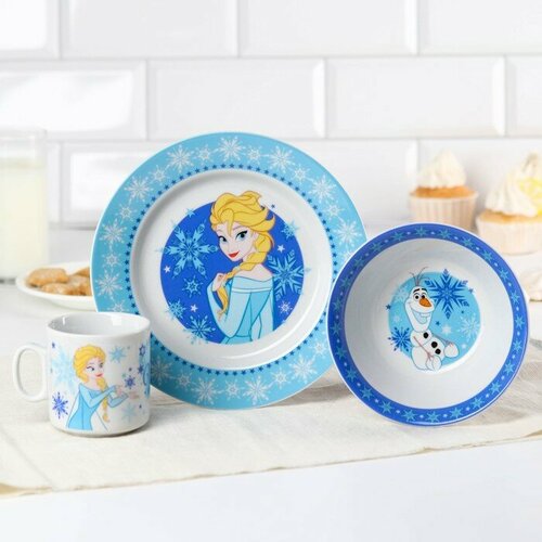 Набор посуды Disney Winter Magic, 4 предмета: тарелка d 16,5 см, миска d 14 см, кружка 200 мл, коврик в подарочной упаковке, Холодное сердце