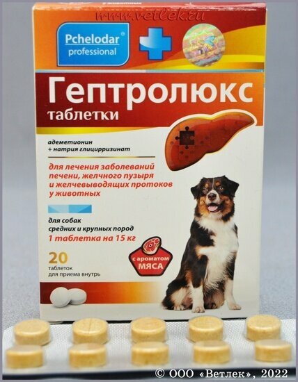 Агробиопром гептролюкс таблетки д/крупных и средних собак, 20 таб Пчелодар.