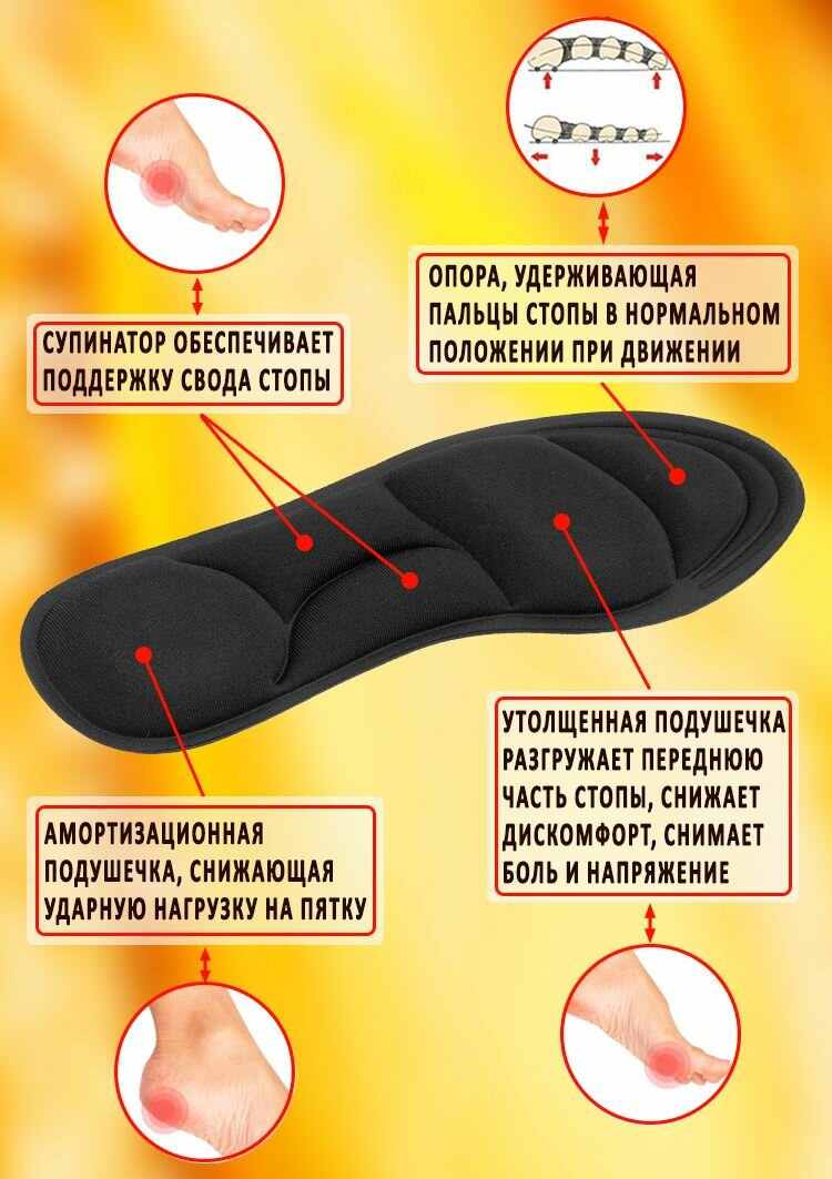 Стельки для обуви Nateno 4D ортопедические при плоскостопии Размер 40-46 черные / Для мужчин и женщин