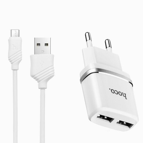 Адаптер сетевой с кабелем Hoco C12, 2USB, 5V, 2.4A, 12W +micro USB адаптер сетевой с кабелем hoco c12 2usb 5v 2 4a 12w lightning