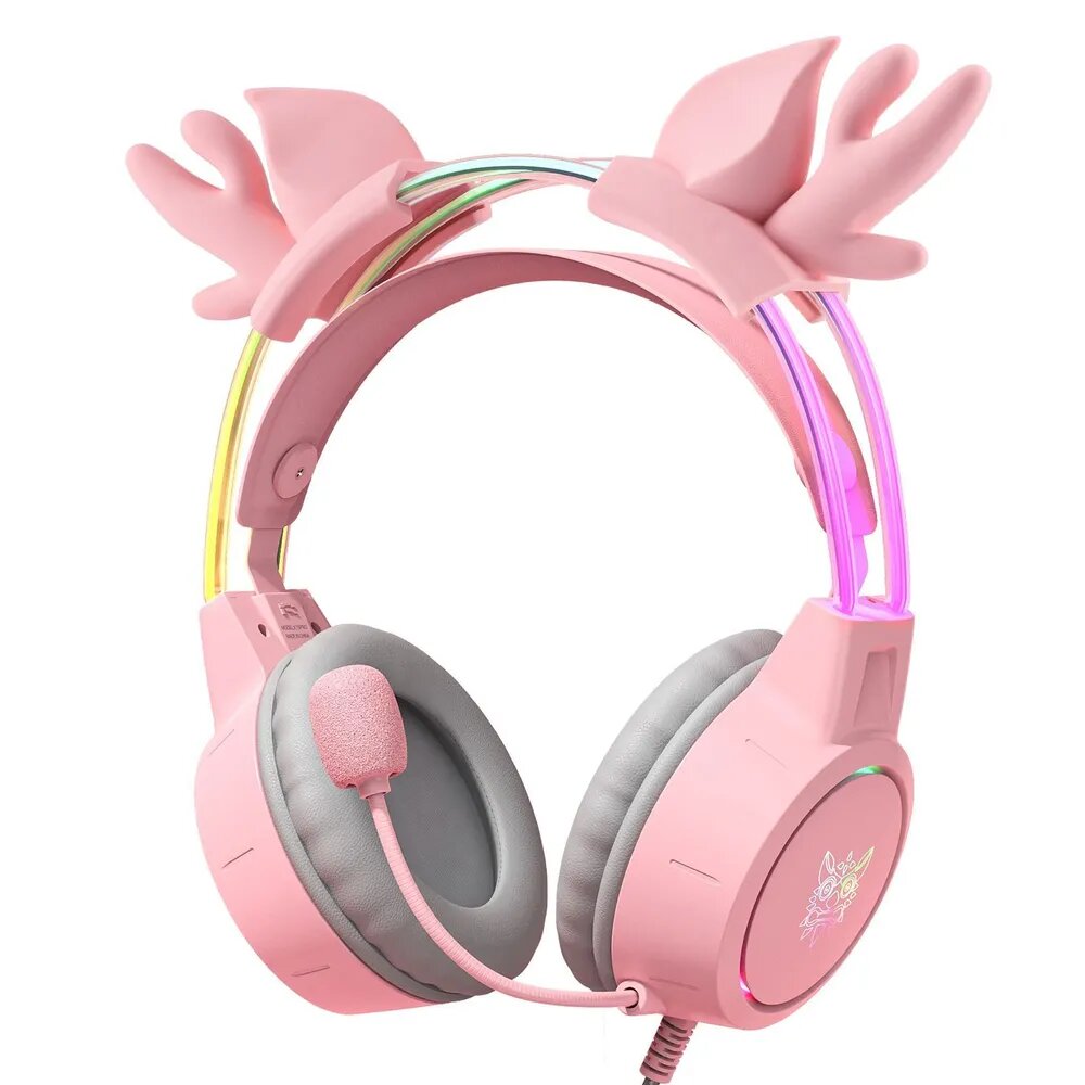Игровые наушники ONIKUMA X15 pro Pink Star розовые с оленьими ушками и подсветкой