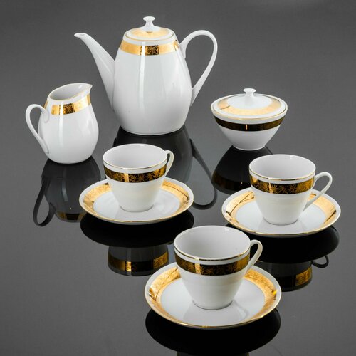 Чайный сервиз на 3 персоны с золотым орнаментом (9 предметов), фарфор, деколь