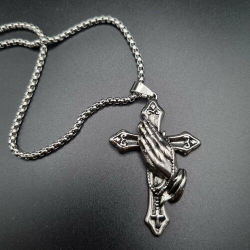 фото Славянский оберег, крестик подвеска-крест кулон из нержавеющей стали, чернение, тонко детализированный, со стальной цепью, длина 60 см, серебряный, серый reniva
