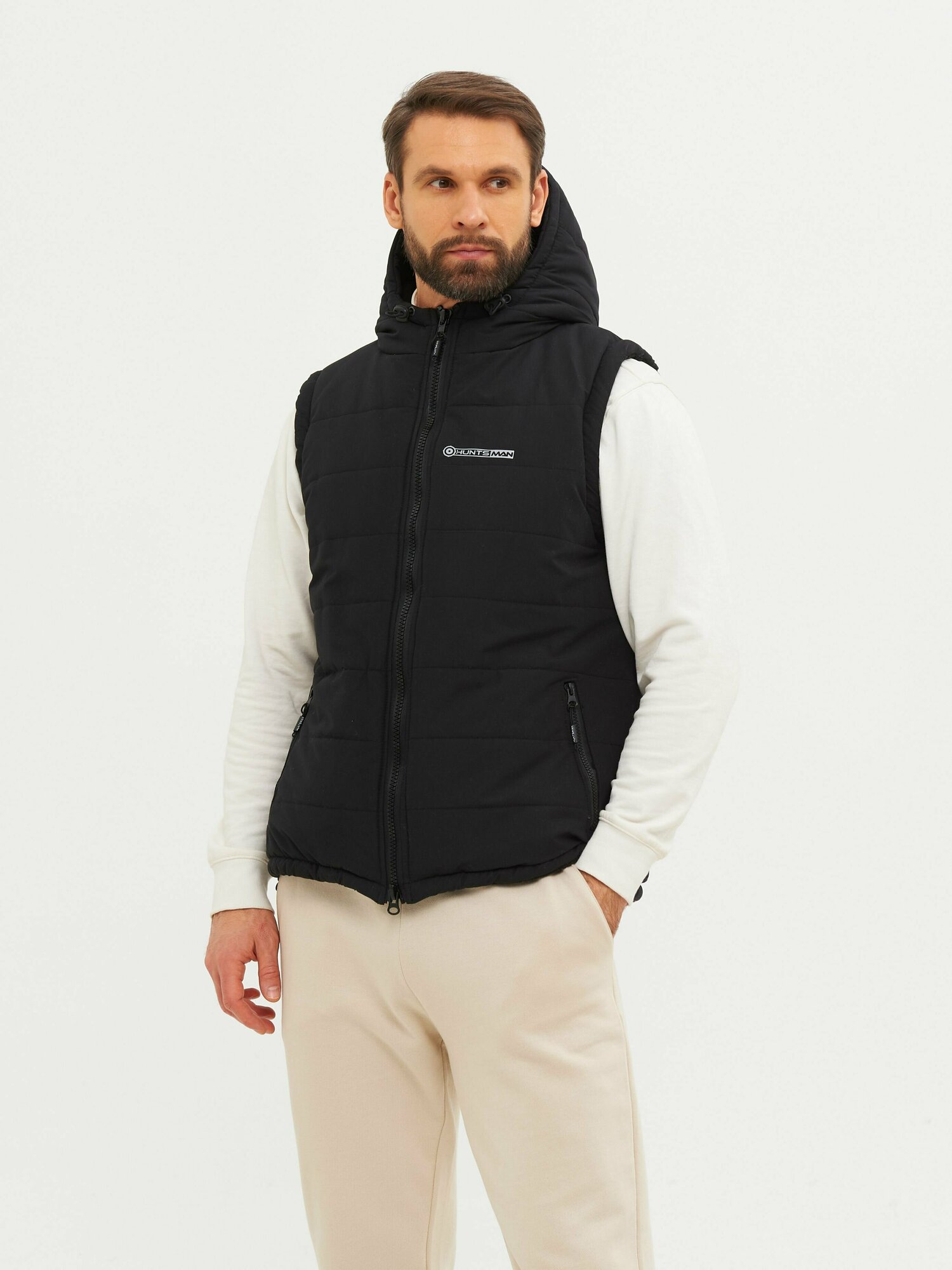 Жилет мужской утепленный демисезонный Huntsman Фристайл с карманами, капюшоном, ткань Канада, цвет черный (р.44-46/170)