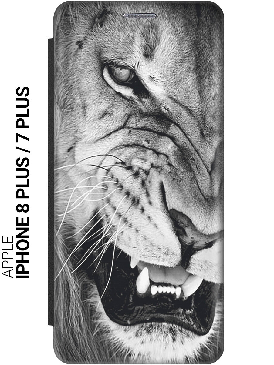 Чехол-книжка на Apple iPhone 8 Plus / 7 Plus / Эпл Айфон 7 Плюс / 8 Плюс с рисунком "Скалящийся лев" черный