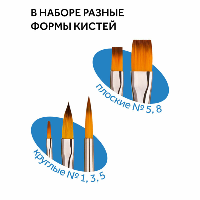 Набор кистей, 5 штук, синтетика (Круглые № 1, 3, 5, плоские № 5, 8) (280618.09.06) ГАММА - фото №20